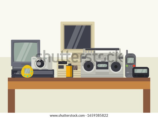 Vintage\
retro audio video electronic devices gadgets vector illustration.\
Tape cassette recorder, television set, computer. Pager, camera,\
game. Old 90s style entertainment equipment\
set.