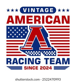 Vintage Retro Authentic American Racing Team with USA Flag and Custom Letter A Emblem Logo Template