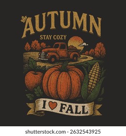 Vintage retro autumn grunge graphics. color separetion screen print t-shirt design. autumn winter girls fashion graphics. vintage t-shirt design