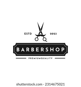 Vintage retro baber shop logo with mustache and scissors symbol logo design