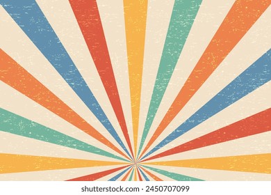 Vintage retro background in 60s 70s style with multicolored rays and grunge texture