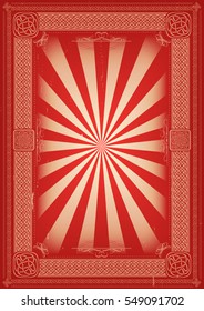 Vintage Retro Background With Celtic Patterns/
Illustration of a vintage retro poster background, with celtic knots and floral patterns, sunbeams, and grunge texture