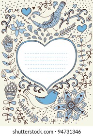 Vintage retro background with floral ornament and heart in the middle.You can design cards, notebook cover and so on. Floral ornament heart shape with place for your text. Valentine's day background.