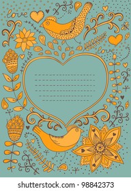 Vintage retro background with floral ornament and heart in the middle.You can design cards, notebook cover and so on. Floral ornament heart shape with place for your text. Valentine's day background.