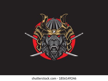 vintage retro badass lion wearing japanese samurai warrior armor with and aggressive expression vector illustration