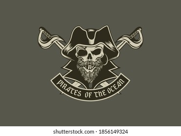 vintage retro badass tactical bearded skull pirate badge vector illustration