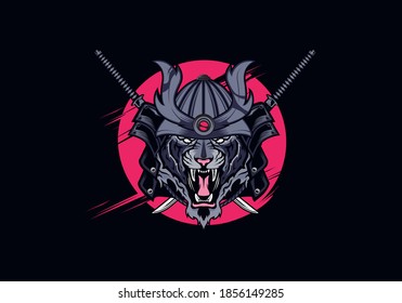 tigre retro vintage de badass usando armadura de guerrero samurai japonesa con y expresión agresiva ilustración vectorial