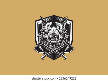 vintage retro badass wolf axes and shield black and white vector illustration