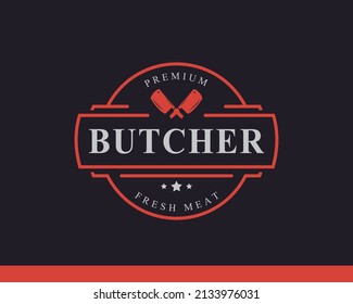 Vintage Retro Badge for Butcher Shop with Crossed Cleavers Logo Design Template Element