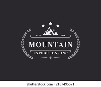 Vintage Retro Badge Camping Logo Design Element and Silhouettes Outdoor Adventure Mountains and Forest Camp Emblem Illustration