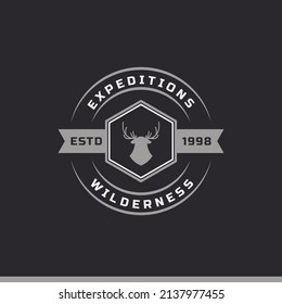 Vintage Retro Badge Camping Logo Design Element and Silhouettes Outdoor Adventure Mountains and Forest Camp Emblem Illustration