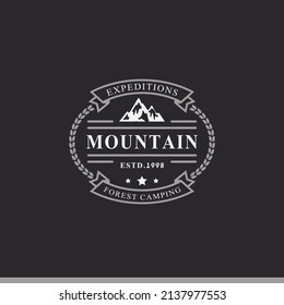 Vintage Retro Badge Camping Logo Design Element and Silhouettes Outdoor Adventure Mountains and Forest Camp Emblem Illustration