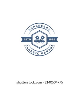 Vintage Retro Badge Car Logo Emblem. Classic Cars Repairs, Tire Service Silhouettes