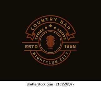 Vintage Retro Badge for Country Guitar Music Western Saloon Bar Cowboy Logo Emblem Symbol