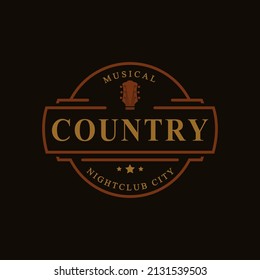 Vintage Retro Badge for Country Guitar Music Western Saloon Bar Cowboy Logo Emblem Symbol