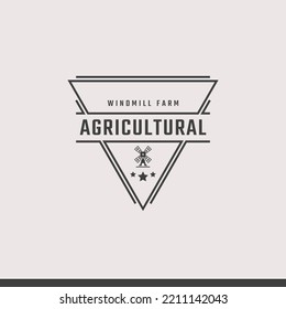 Vintage Retro Badge Emblem Agricultural Windmill Bakery Organic Wheat Logo Design Linear Style. Monochrome Countryside Alternative Power Wind Mill Energy Ecology Rural Production Mark