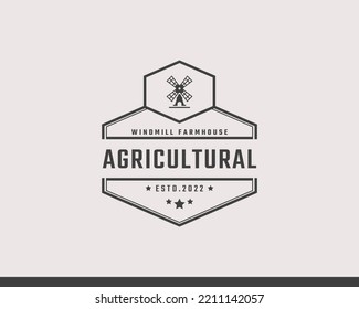 Vintage Retro Badge Emblem Agricultural Windmill Bakery Organic Wheat Logo Design Linear Style. Monochrome Countryside Alternative Power Wind Mill Energy Ecology Rural Production Mark