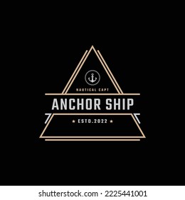 Vintage Retro Badge Emblem Anchor Ship Boat Logo Design Linear Style on Black Background