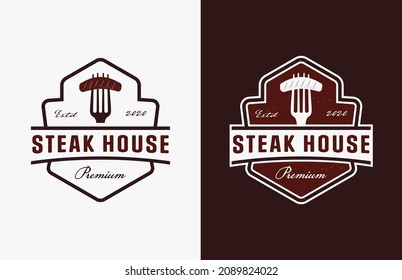 Vintage retro badge emblem Barbeque logo, Steak house logo vector icon with fork and sliced of steak logo