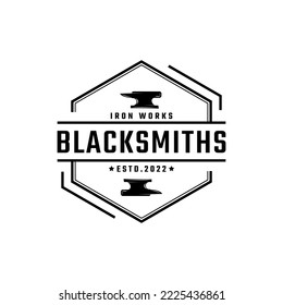 Vintage Retro Badge Emblem Blacksmith Metal Work, Handcraft, Forge Art, Anvil, Iron Works Logo Design Linear Style