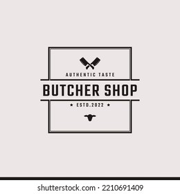 Vintage Retro Badge Emblem Crossed Cleaver Knife with Angus Head for Butcher shop Logo Design Linear Style