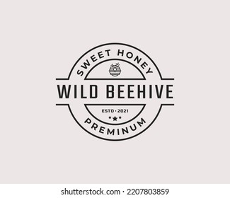 Vintage Retro Badge Emblem Honey Bee Hive Logo Design Linear Style. Vector Illustration
