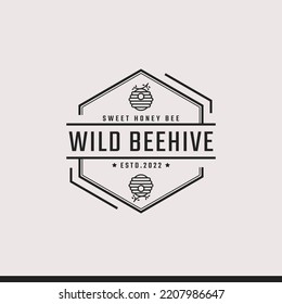 Vintage Retro Badge Emblem Honey Bee Hive Logo Design Linear Style. Vector Illustration