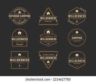 Vintage Retro Badge Emblem Mountain Camping Logo with Tent Silhouette Design Linear Style