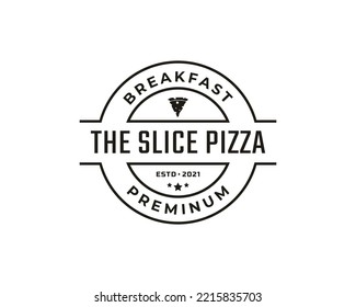 Vintage Retro Badge Emblem Pizza Slice, Pizzeria Restaurant Bar Bistro Logo Design Linear Style