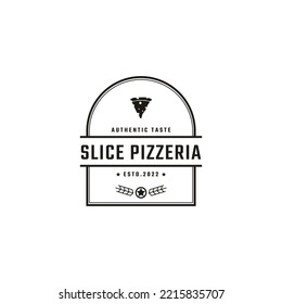 Vintage Retro Badge Emblem Pizza Slice, Pizzeria Restaurant Bar Bistro Logo Design Linear Style