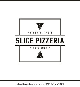 Vintage Retro Badge Emblem Pizza Slice, Pizzeria Restaurant Bar Bistro Logo Design Linear Style