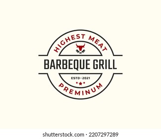 Vintage Retro Badge Emblem Rustic BBQ Grill Barbecue, Barbeque Label Stamp Logo Design Linear Style