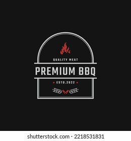 Vintage Retro Badge Emblem Rustic Stamp with Fire Flame for Traditional BBQ Barbecue Logo Design Linear Style