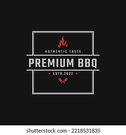 Vintage Retro Badge Emblem Rustic Stamp with Fire Flame for Traditional BBQ Barbecue Logo Design Linear Style