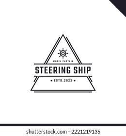 Vintage Retro Badge Emblem Steering Wheel Captain Boat Ship Yacht Compass Transport Logo Design Linear Style