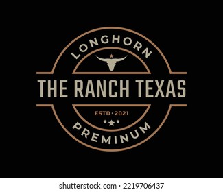 Vintage Retro Badge Emblem Texas Longhorn, Country Western Bull Cattle Logo Design Linear Style