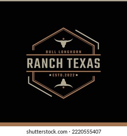 Vintage Retro Badge Emblem Texas Longhorn, Country Western Bull Cattle Logo Design Linear Style