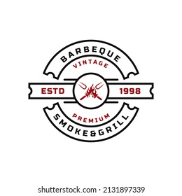 Vintage Retro Badge for Grill Barbeque Barbecue BBQ with Crossed Fork and Fire Flame Logo Emblem Design Symbol