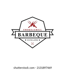 Vintage Retro Badge for Grill Barbeque Barbecue BBQ with Crossed Fork and Fire Flame Logo Emblem Design Symbol