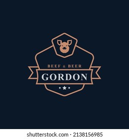 Vintage Retro Badge Grill Restaurant Barbecue Steak House Menu Emblem and Food Silhouettes Typography Logo Design