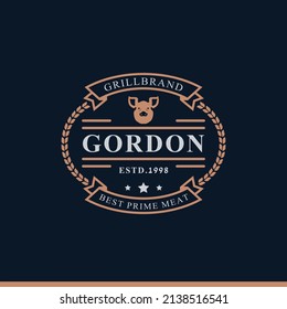 Vintage Retro Badge Grill Restaurant Barbecue Steak House Menu Emblem and Food Silhouettes Typography Logo Design