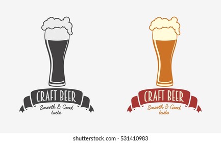 Vintage retro badge, logo or symbol design template for craft beer house, bar, pub, brewing company, brewery or tavern with glass. Color and monochrome vector illustration
