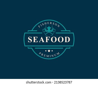 Vintage Retro Badge Seafood Fish Market and Restaurant Emblem Template Silhouettes Typography Logo Design