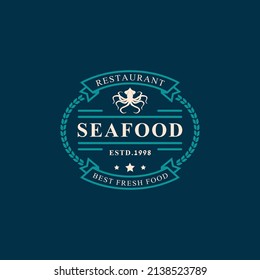 Vintage Retro Badge Seafood Fish Market and Restaurant Emblem Template Silhouettes Typography Logo Design