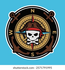 vintage retro badge style sticker and logo design of pirates with compass and anchor