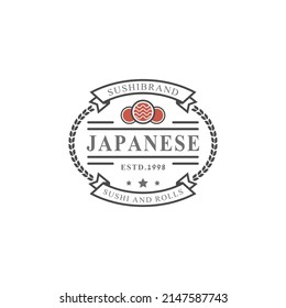 Vintage Retro Badge Sushi Restaurant Logos Japanese Food with Sushi Salmon Rolls Silhouettes