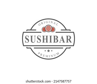 Vintage Retro Badge Sushi Restaurant Logos Japanese Food with Sushi Salmon Rolls Silhouettes