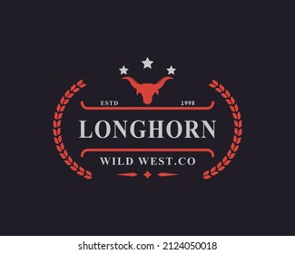 Vintage Retro Badge for Texas Longhorn Cow, Country Western Bull Head Family Countryside Farm Logo Design Template Element