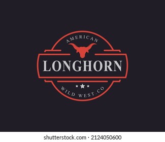 Vintage Retro Badge for Texas Longhorn Cow, Country Western Bull Head Family Countryside Farm Logo Design Template Element