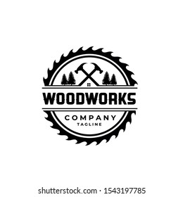 Vintage retro badge Woodworks carpentry logo vector icon illustration